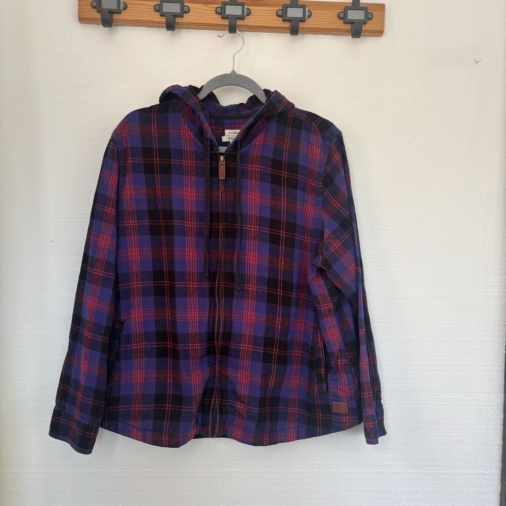 L.L. Bean Womens Plaid Full Zip Flannel Hoodie Jacket XL Petite Purple Red Blue